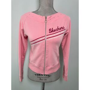 Vintage Y2k Skechers Pink Rhinestone Embellished Sporty Zip Up Jacket Junior XL